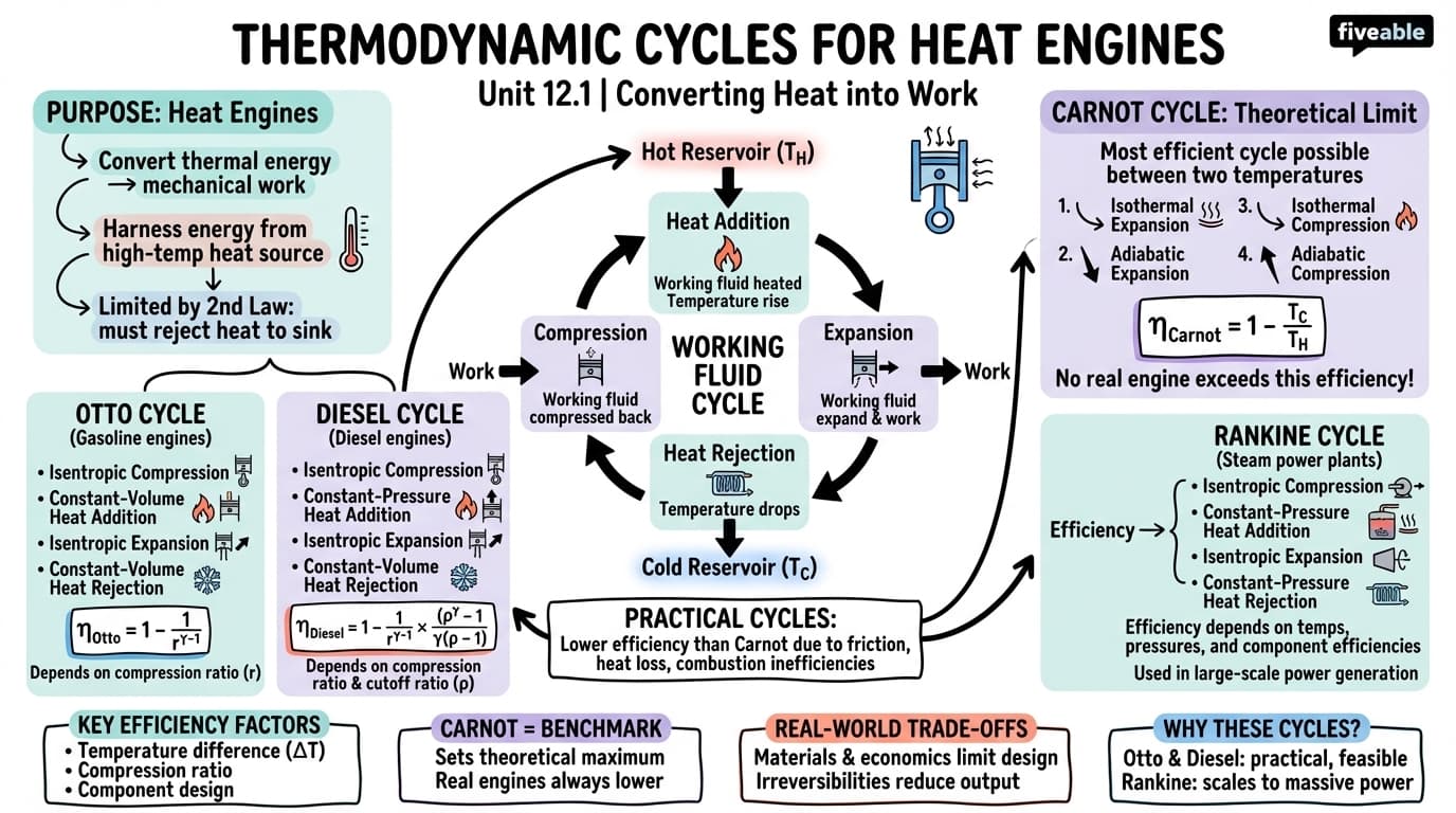 12.1 Thermodynamic cycles for heat engines - Thermodynamics - Unit 12 visual cheatsheet