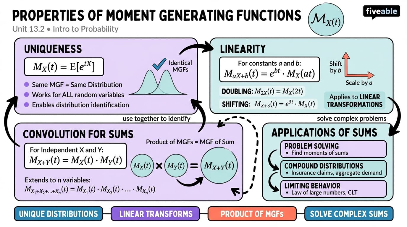 13.2 Properties of moment generating functions - Intro to Probability - Unit 13 visual cheatsheet
