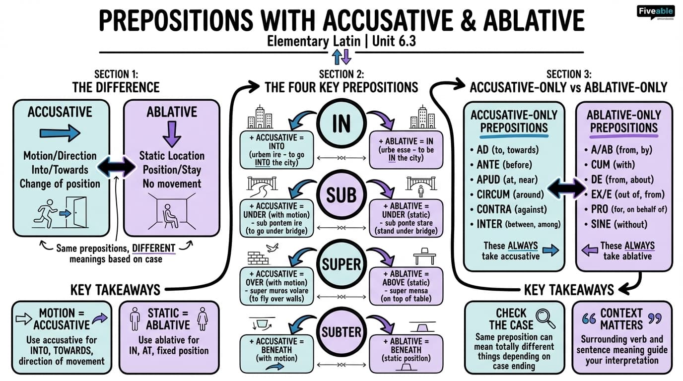 6.3 Prepositions with both accusative and ablative - Elementary Latin - Unit 6 visual cheatsheet