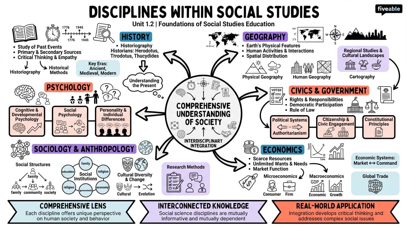 1.2 Disciplines within social studies (history, geography, civics, economics, etc.) - Social Studies Education - Unit 1 visual cheatsheet