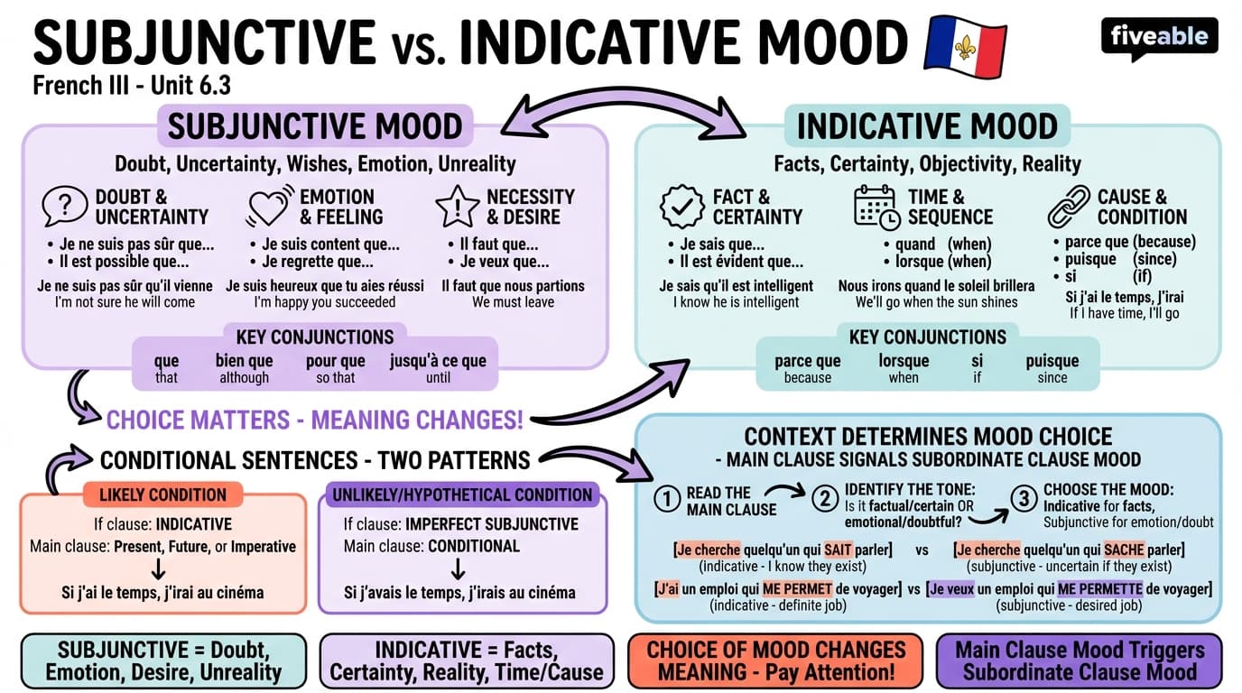 6.3 Subjunctive vs. indicative mood - French III - Unit 6 visual cheatsheet