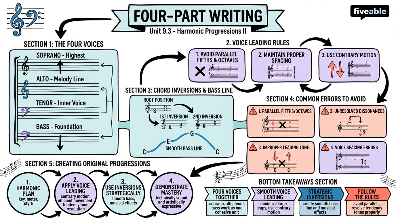 9.3 Four-part writing - Intro to Music Theory - Unit 9 visual cheatsheet