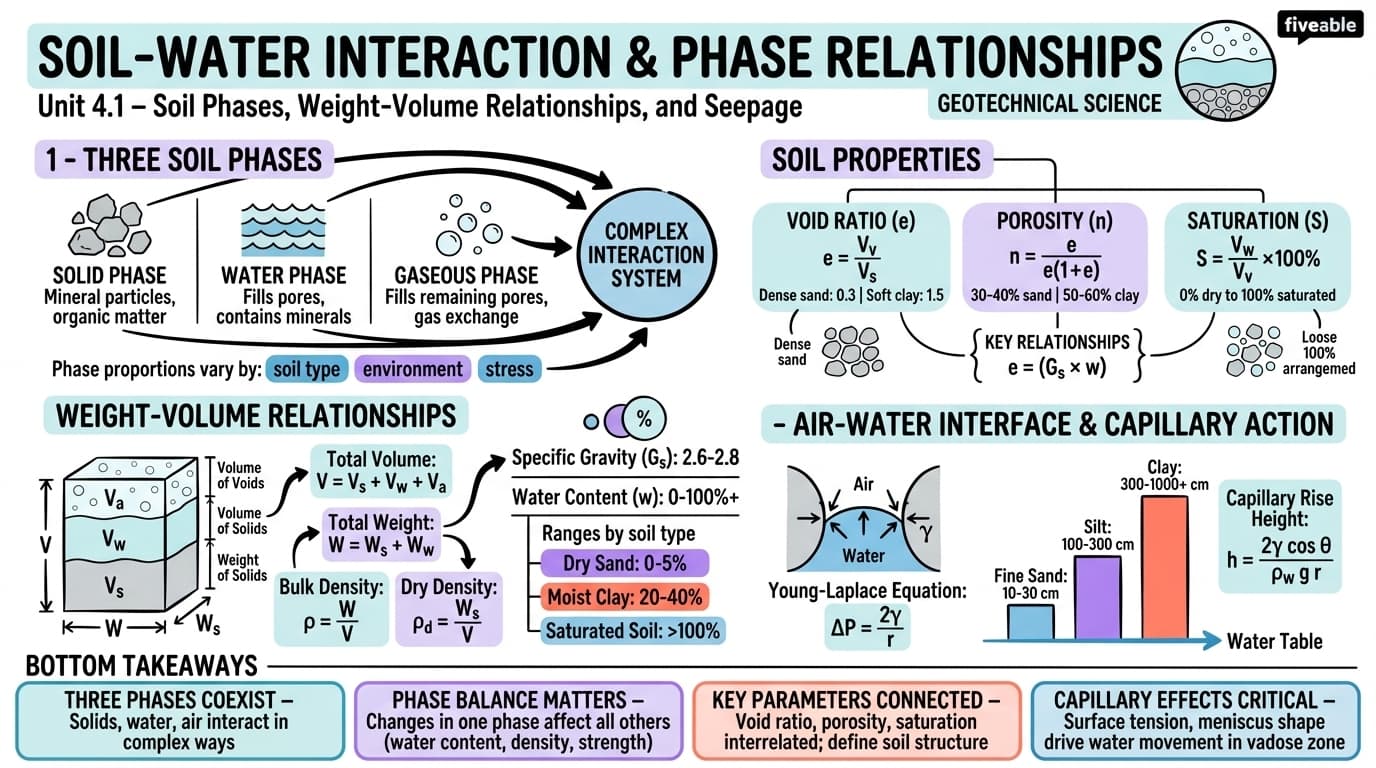4.1 Soil-water interaction and phase relationships - Intro to Geotechnical Science - Unit 4 visual cheatsheet