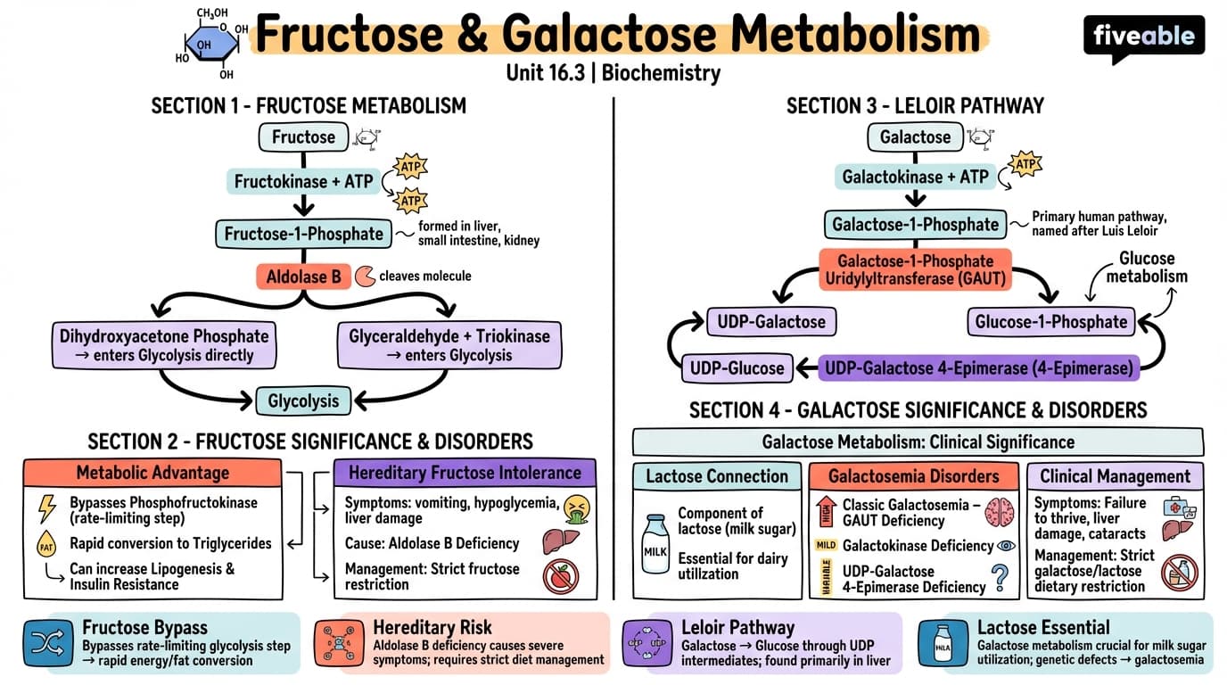 16.3 Fructose and Galactose Metabolism - Biochemistry - Unit 16 visual cheatsheet