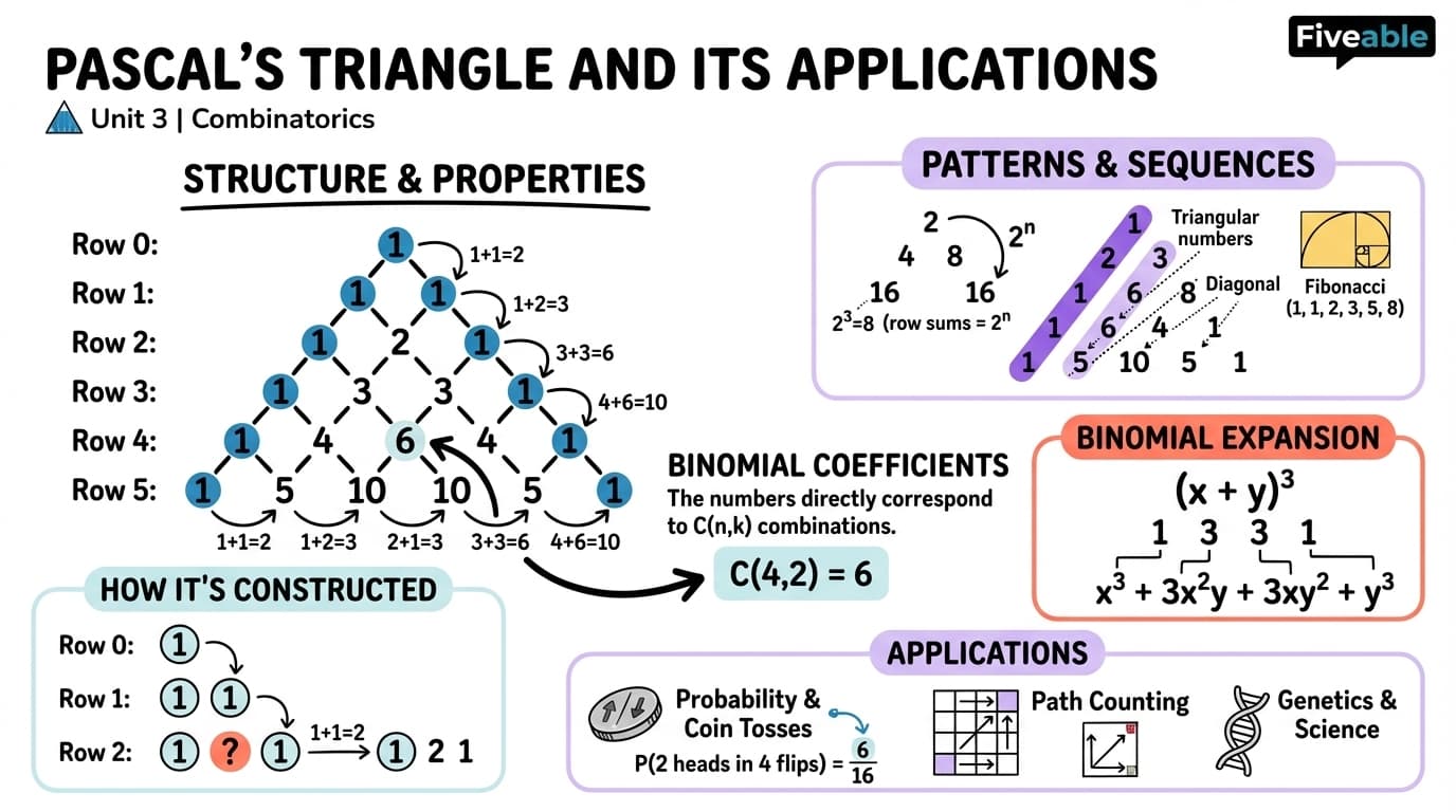 3.2 Pascal's triangle and its applications - Combinatorics - Unit 3 visual cheatsheet