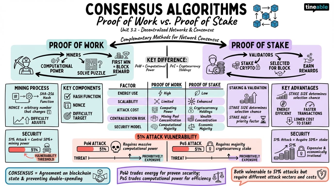 3.2 Consensus Algorithms: Proof of Work and Proof of Stake - Blockchain and Cryptocurrency - Unit 3 visual cheatsheet