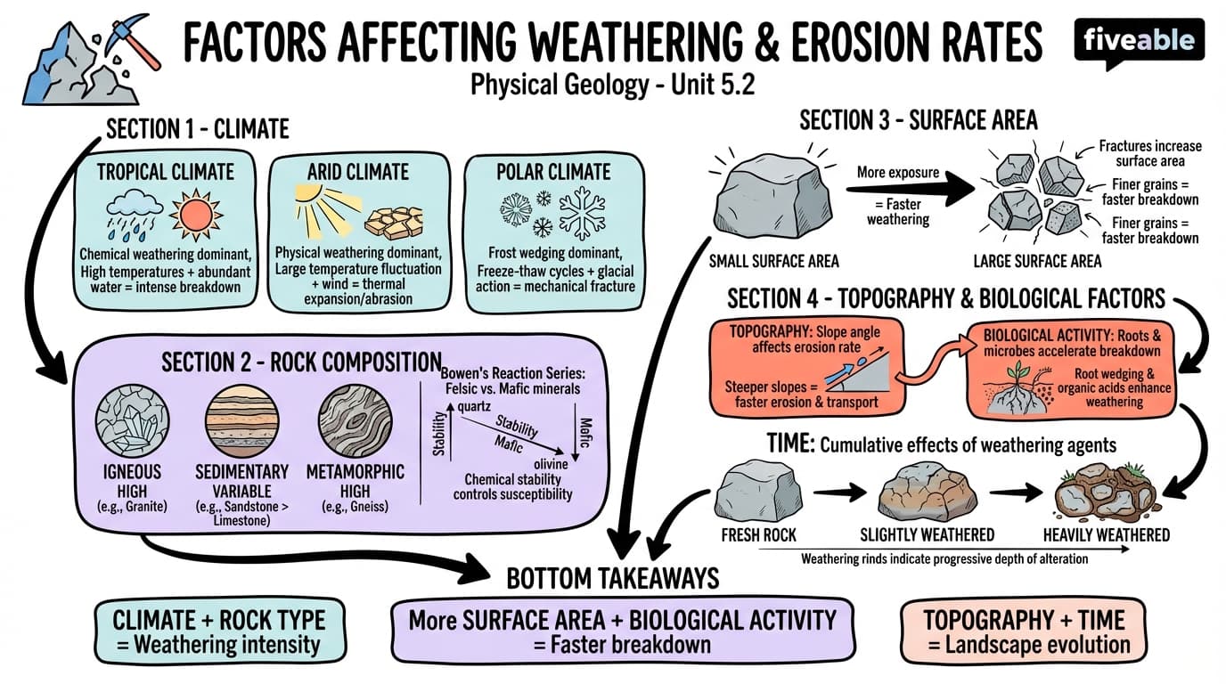 5.2 Factors affecting weathering and erosion rates - Physical Geology - Unit 5 visual cheatsheet
