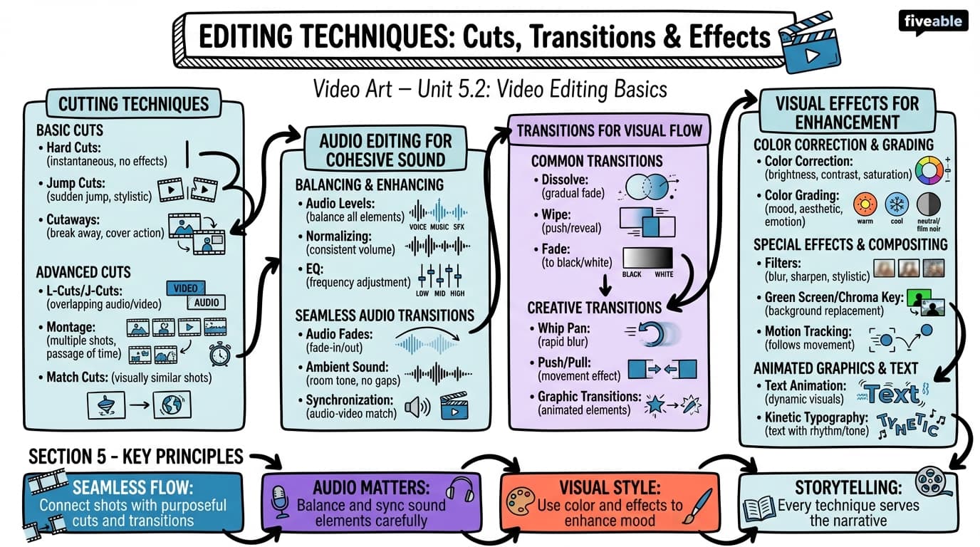 5.2 Editing Techniques: Cuts, Transitions, and Effects - Video Art - Unit 5 visual cheatsheet