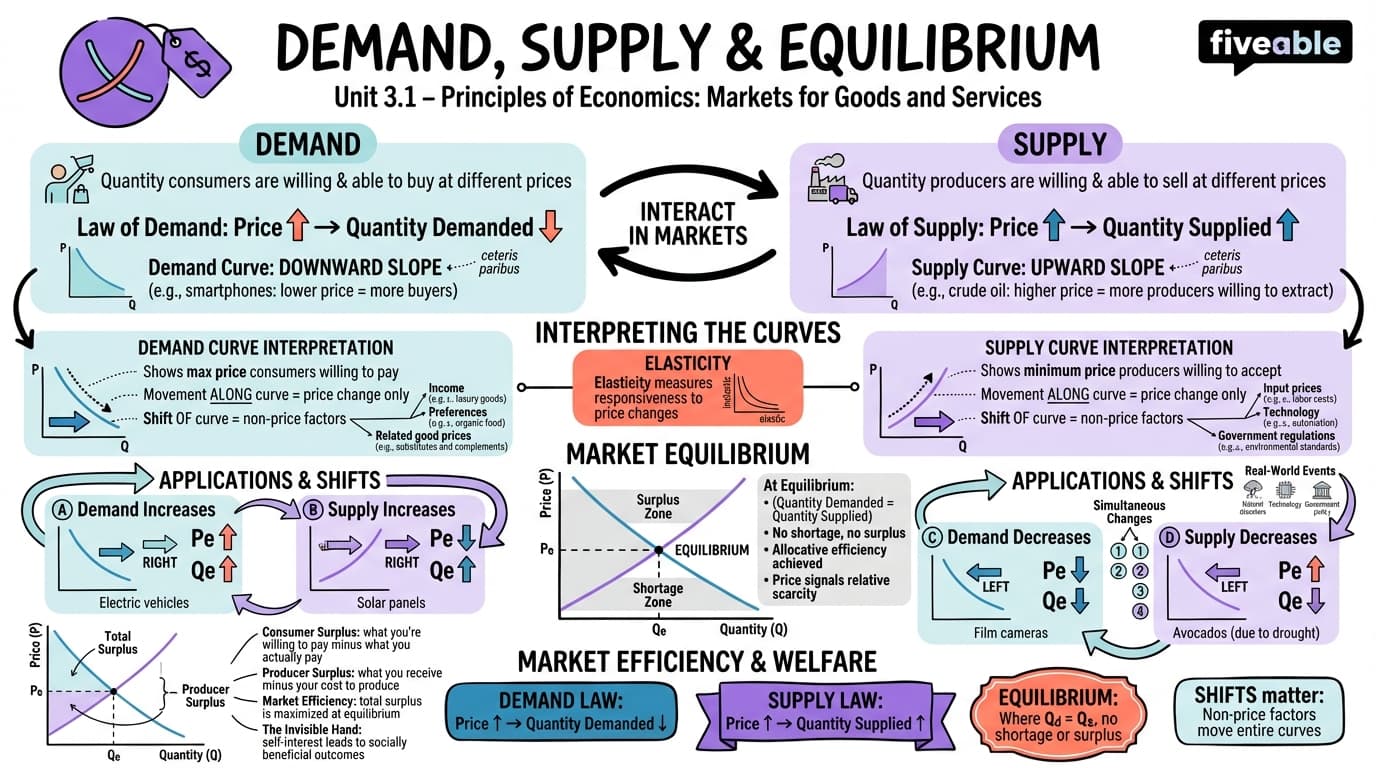 3.1 Demand, Supply, and Equilibrium in Markets for Goods and Services - Principles of Economics - Unit 3 visual cheatsheet