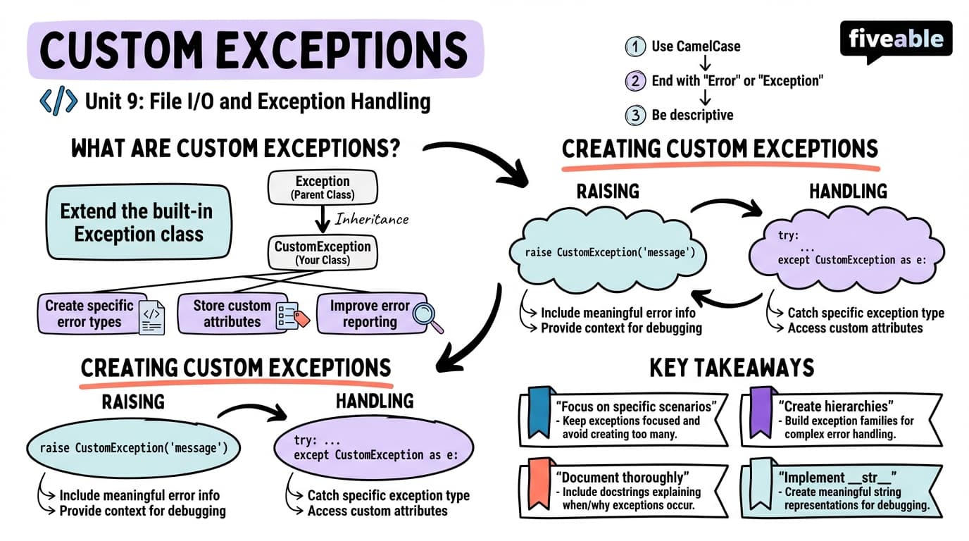 9.4 Creating and Using Custom Exceptions - Intro to Computer Programming - Unit 9 visual cheatsheet