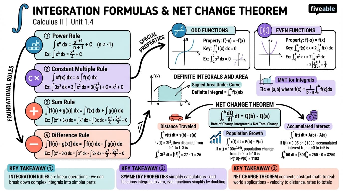 1.4 Integration Formulas and the Net Change Theorem - Calculus II - Unit 1 visual cheatsheet