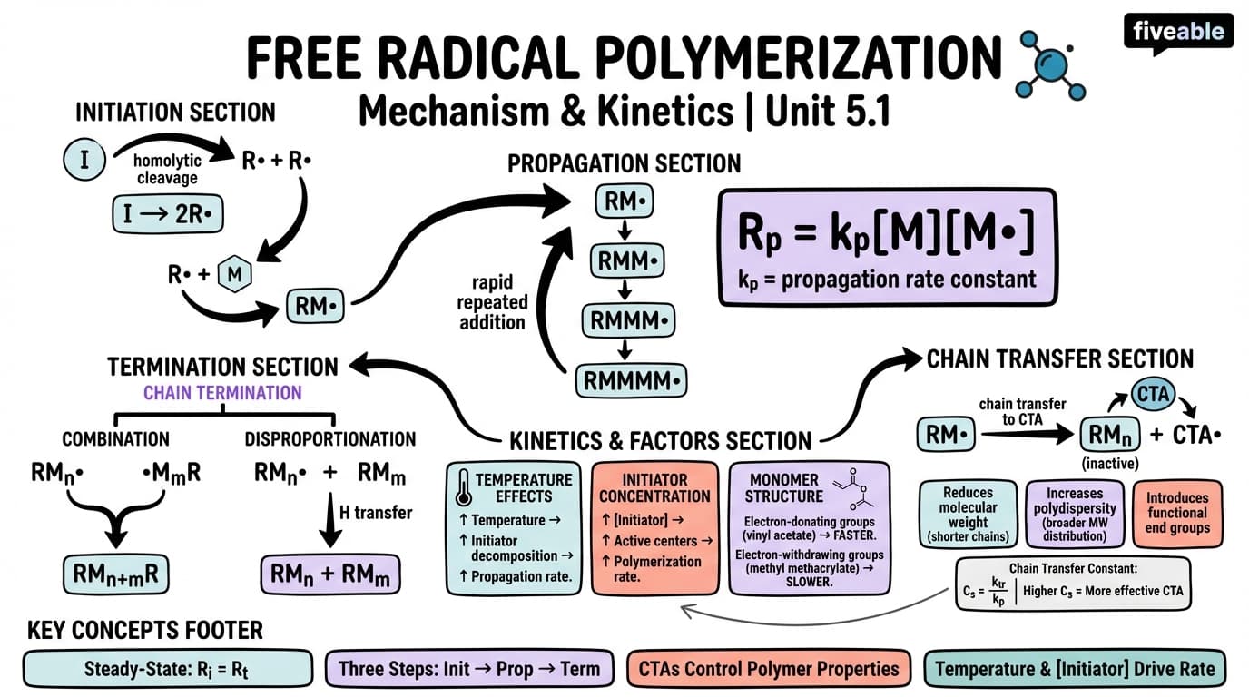5.1 Free radical polymerization: mechanism and kinetics - Intro to Polymer Science - Unit 5 visual cheatsheet