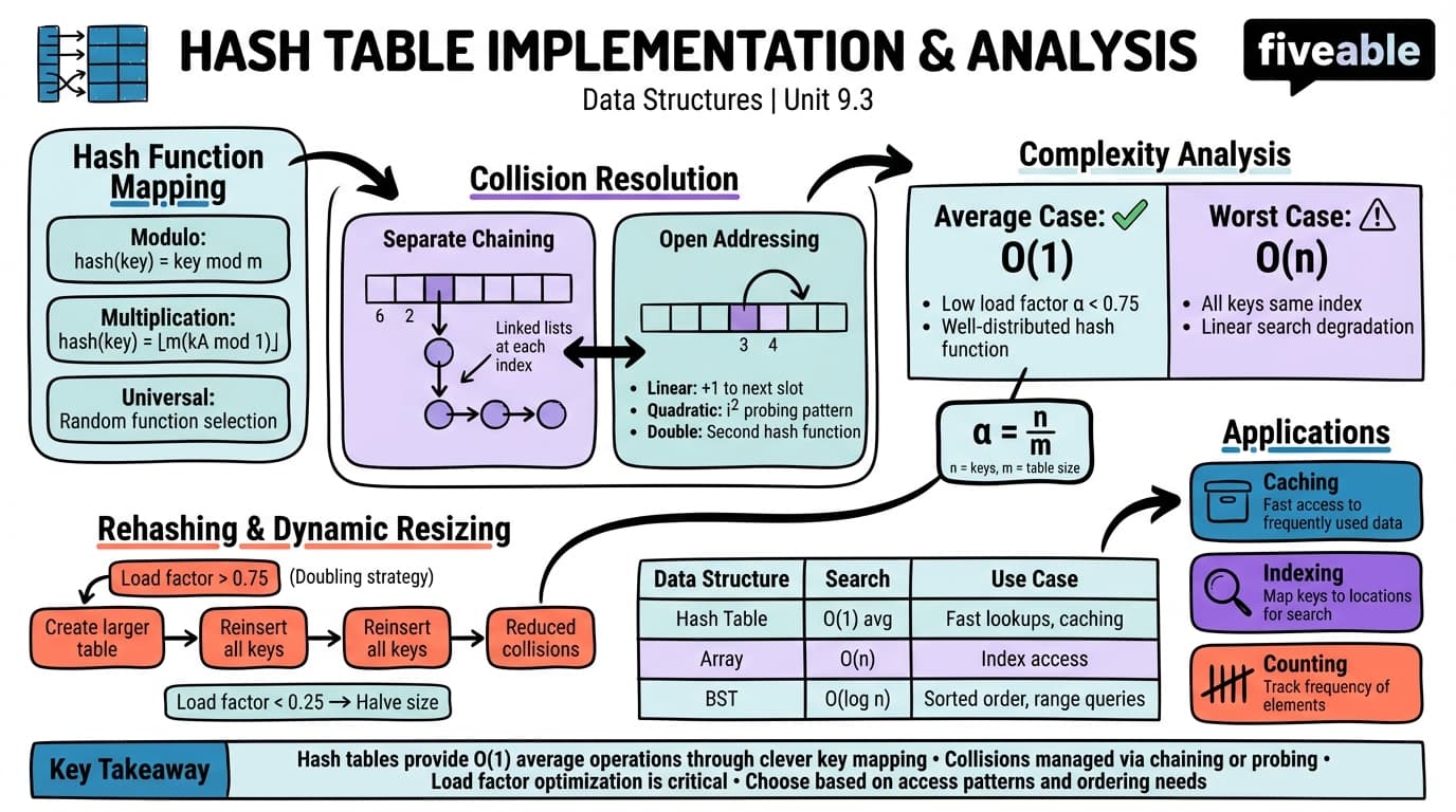 9.3 Hash Table Implementation and Analysis - Data Structures - Unit 9 visual cheatsheet
