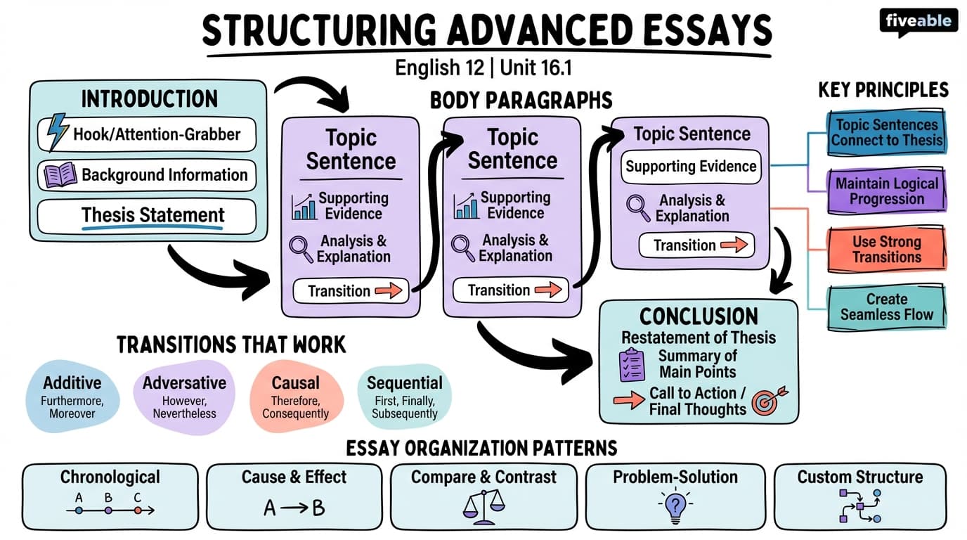 16.1 Structuring Advanced Essays - English 12 - Unit 16 visual cheatsheet