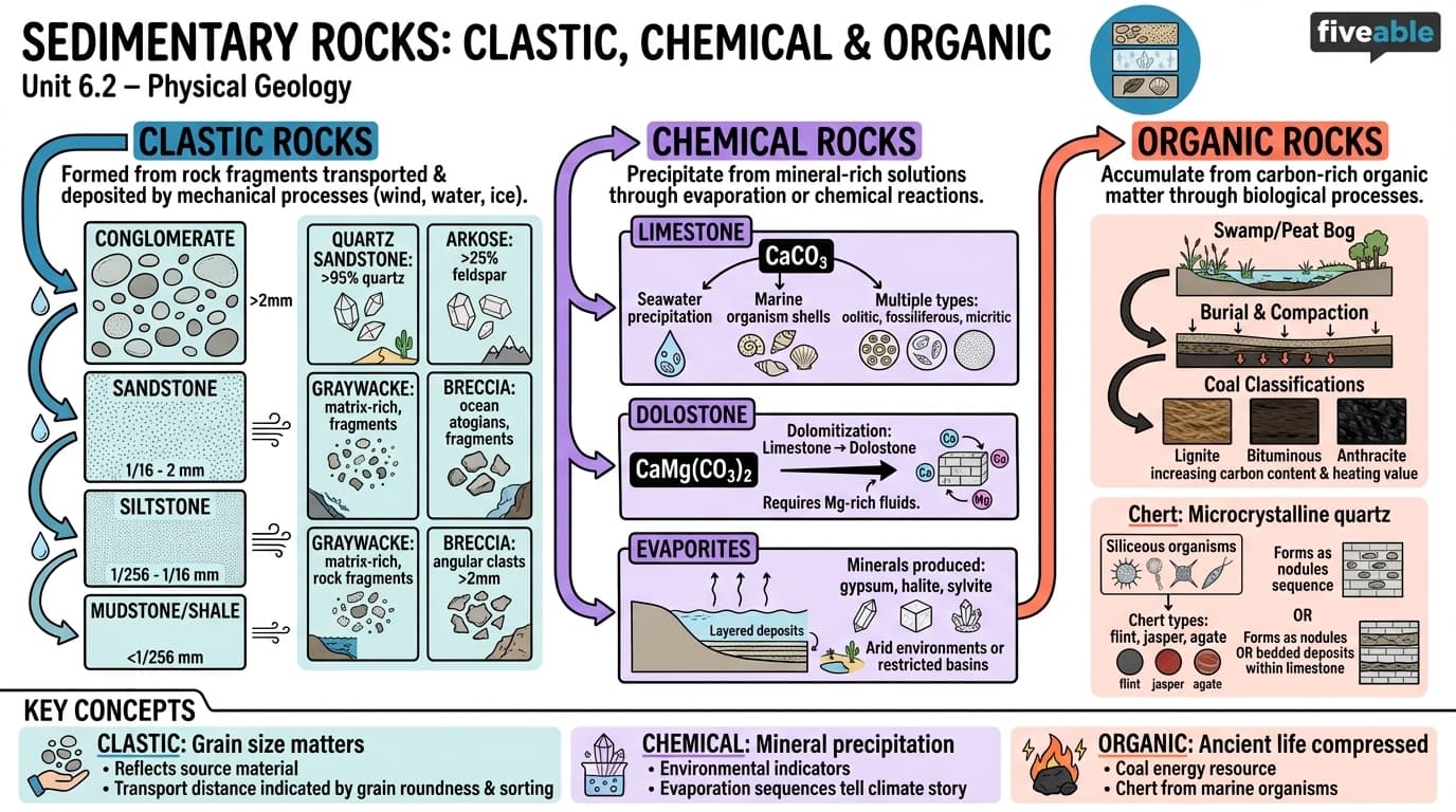 6.2 Clastic, chemical, and organic sedimentary rocks - Physical Geology - Unit 6 visual cheatsheet