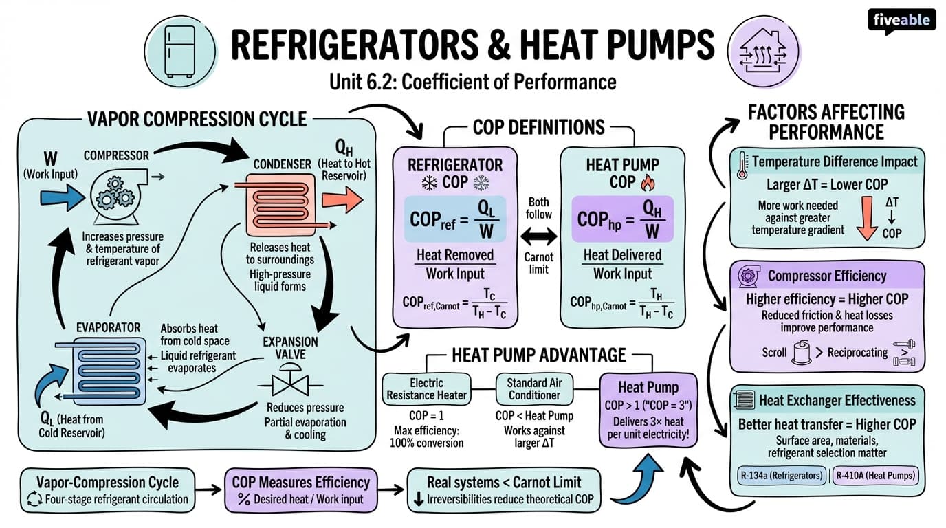 6.2 Refrigerators, heat pumps, and coefficients of performance - Thermodynamics I - Unit 6 visual cheatsheet