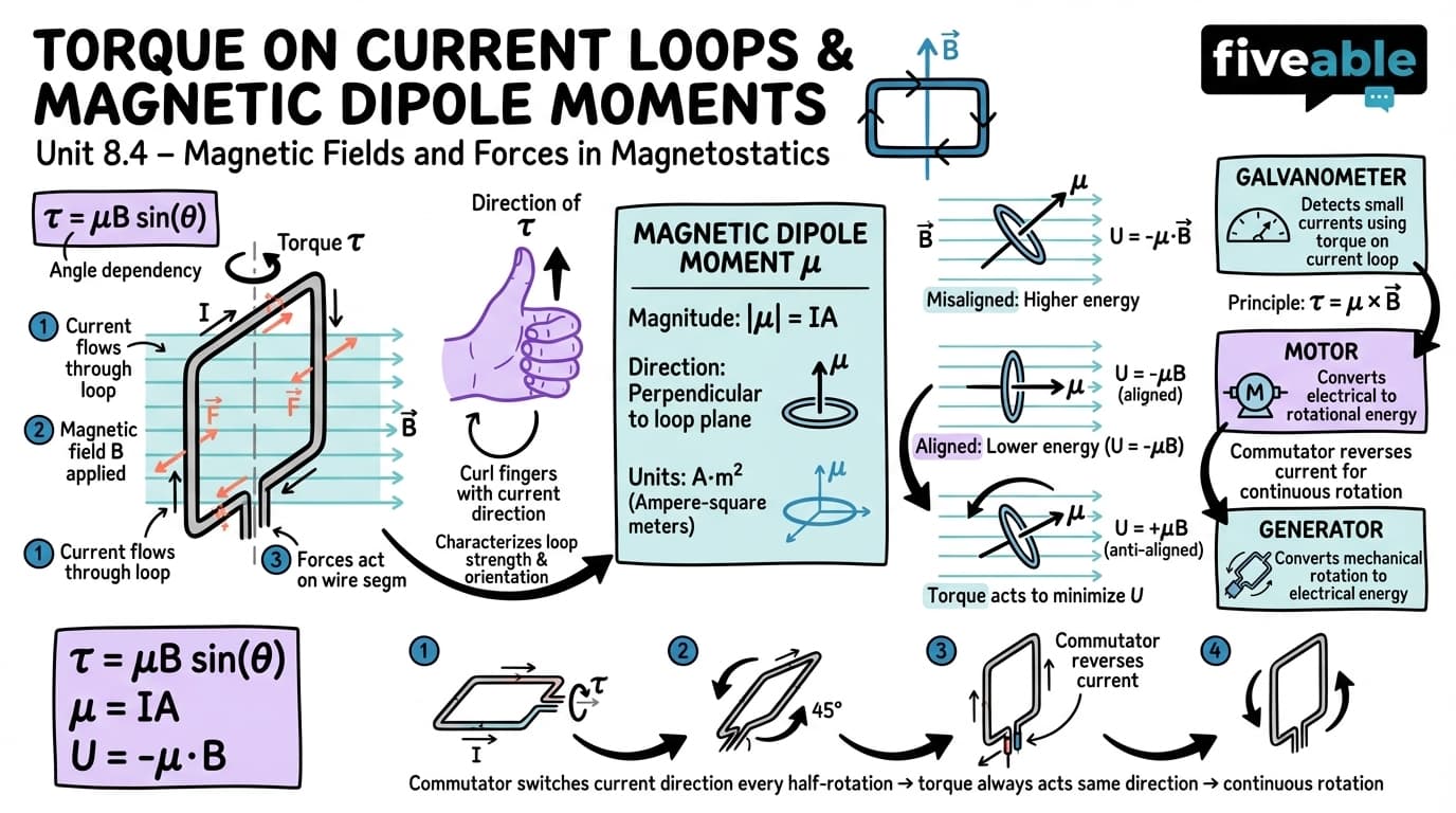 8.4 Torque on current loops and magnetic dipole moments - Electromagnetism I - Unit 8 visual cheatsheet