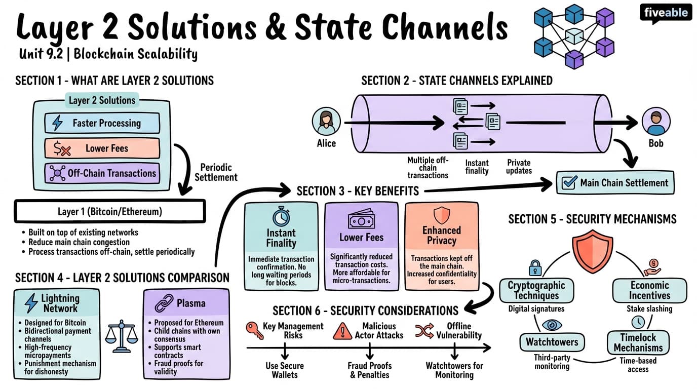 9.2 Layer 2 solutions and state channels - Blockchain Technology and Applications - Unit 9 visual cheatsheet