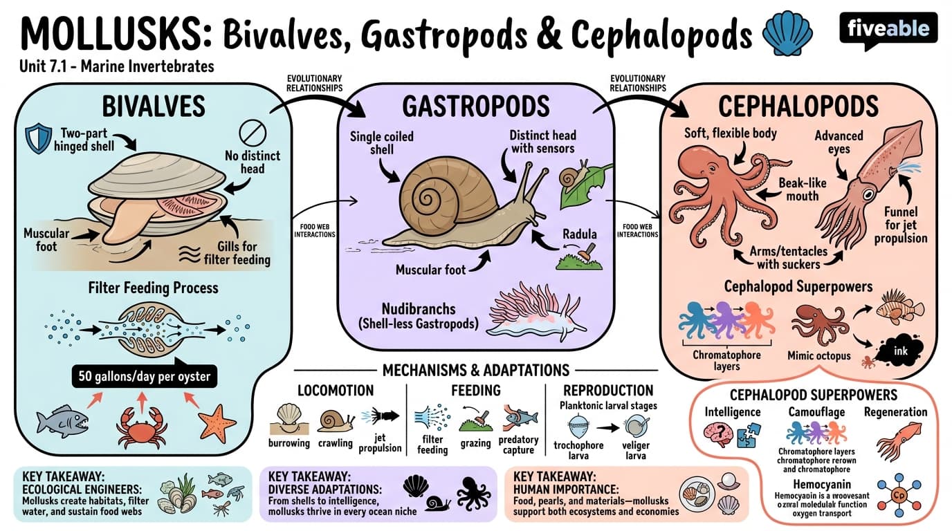 7.1 Mollusks: bivalves, gastropods, and cephalopods - Marine Biology - Unit 7 visual cheatsheet