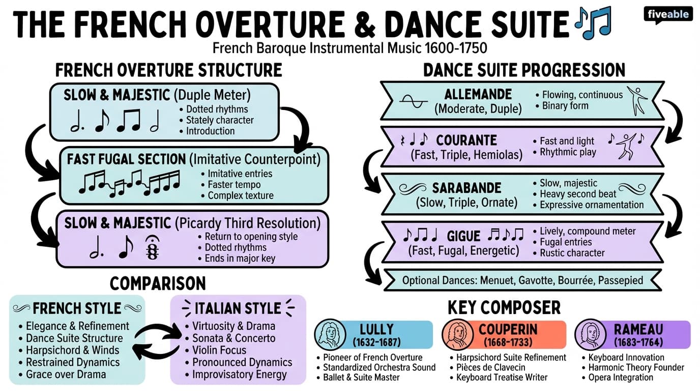 7.1 The French overture and dance suite - Music History – 1600 to 1750 - Unit 7 visual cheatsheet