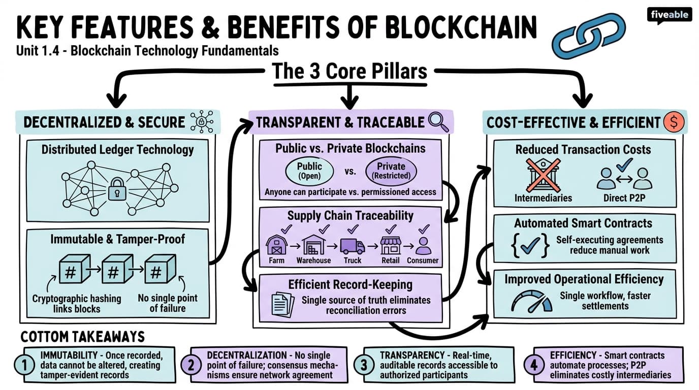 1.4 Key Features and Benefits of Blockchain Technology - Blockchain and Cryptocurrency - Unit 1 visual cheatsheet