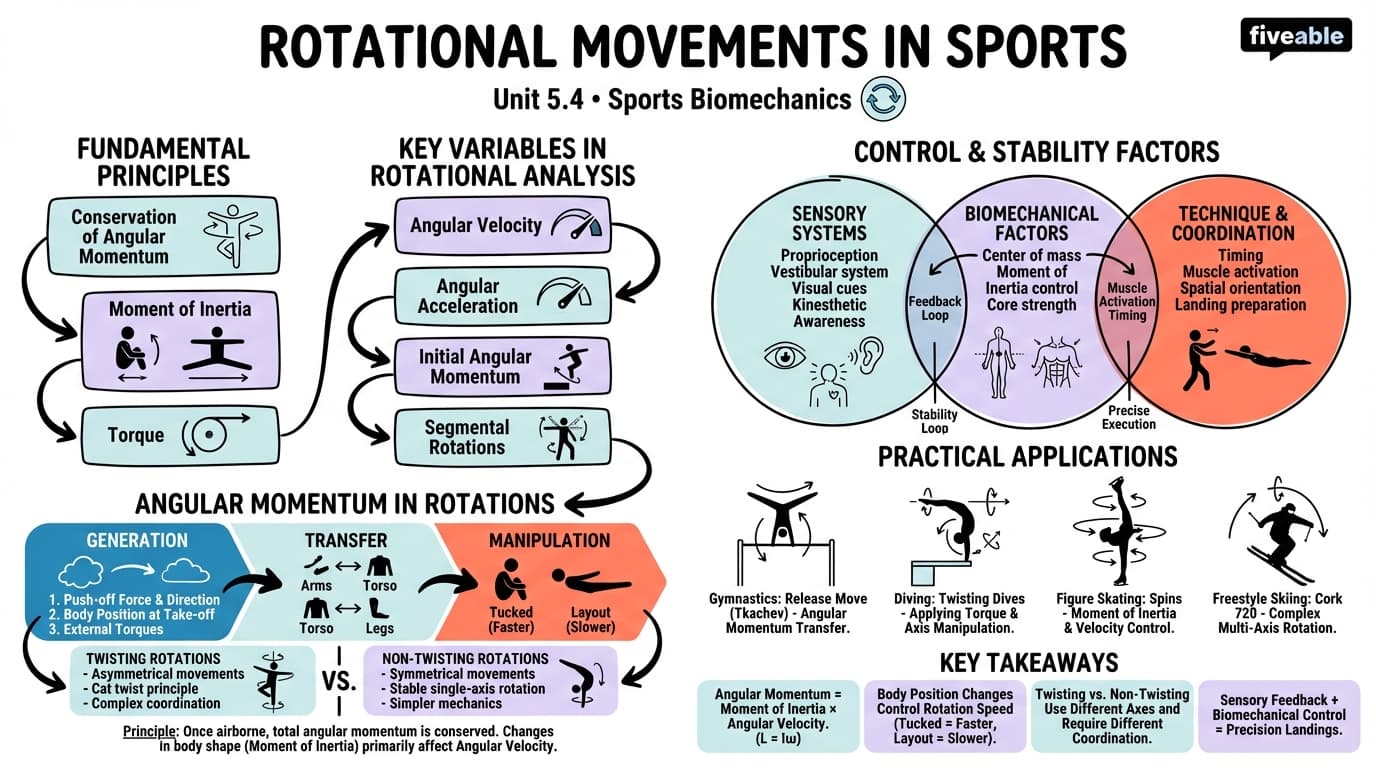 5.4 Rotational movements in sports (e.g., gymnastics, diving) - Sports Biomechanics - Unit 5 visual cheatsheet