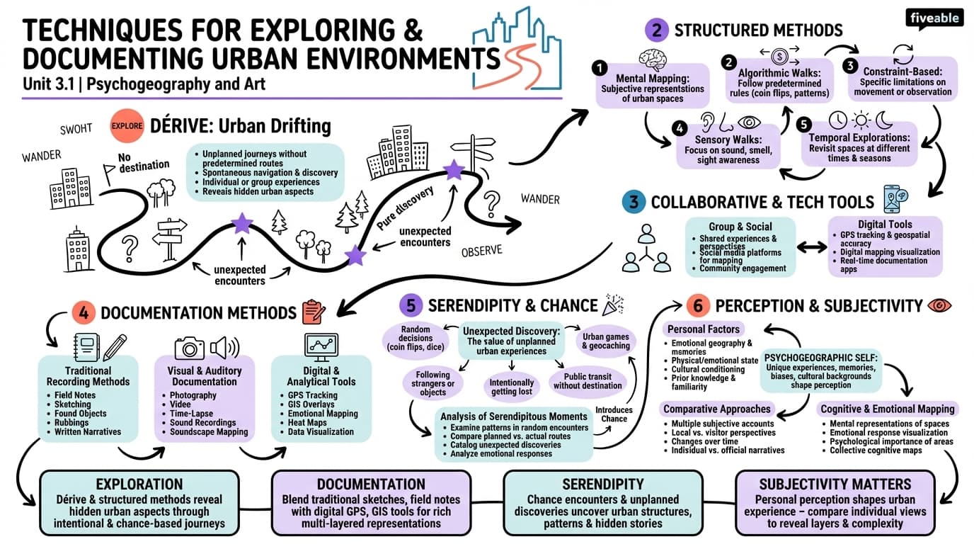3.1 Techniques for exploring and documenting urban environments - Psychogeography and Art - Unit 3 visual cheatsheet