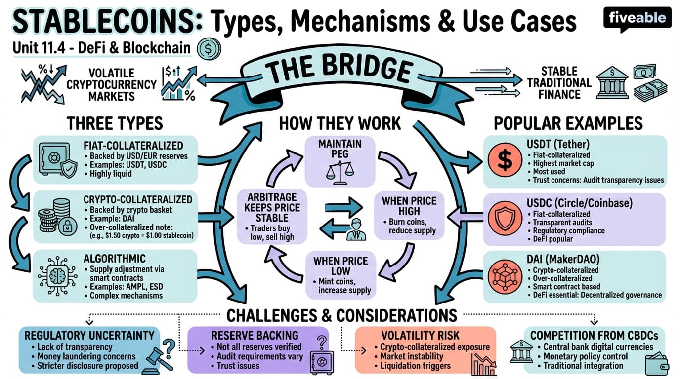 11.4 Stablecoins: Types, Mechanisms, and Use Cases - Blockchain and Cryptocurrency - Unit 11 visual cheatsheet