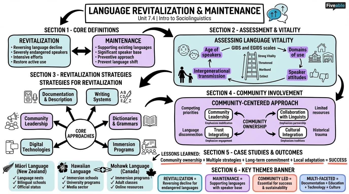 7.4 Language revitalization and maintenance - Intro to Sociolinguistics - Unit 7 visual cheatsheet