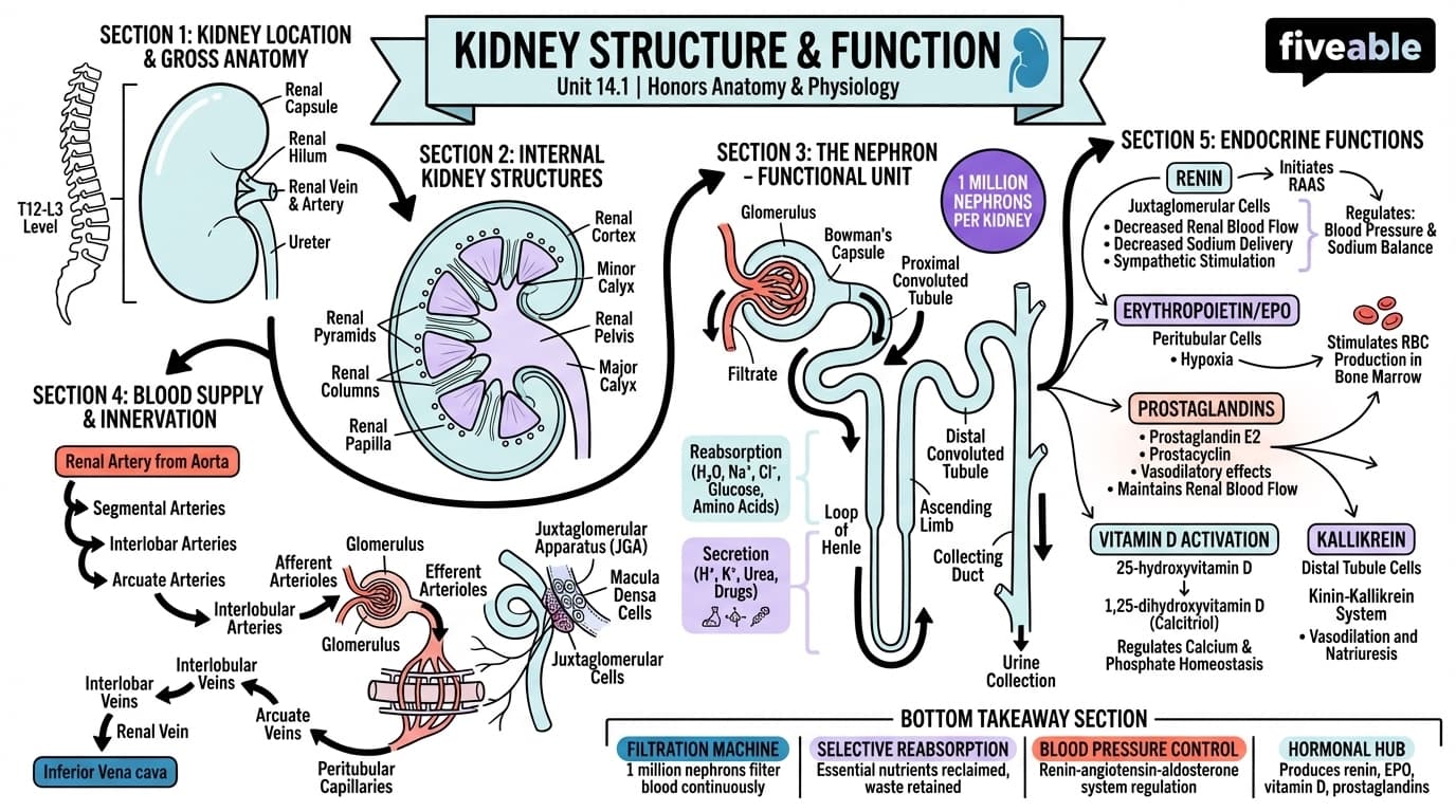 14.1 Kidney Structure and Function - Honors Anatomy and Physiology - Unit 14 visual cheatsheet