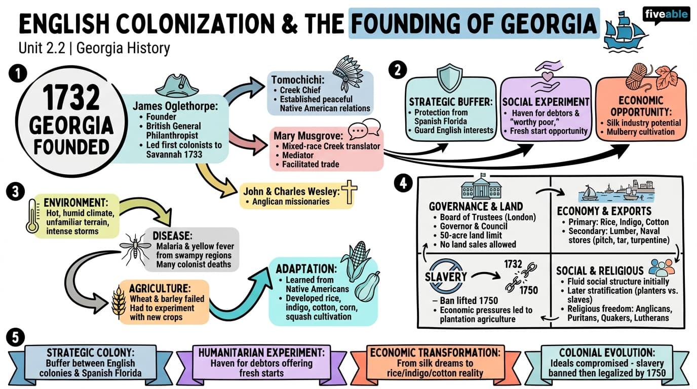 2.2 English colonization efforts and the founding of Georgia - Georgia History - Unit 2 visual cheatsheet