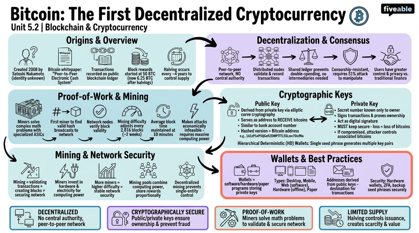 5.2 Bitcoin: The First Decentralized Cryptocurrency - Blockchain and Cryptocurrency - Unit 5 visual cheatsheet