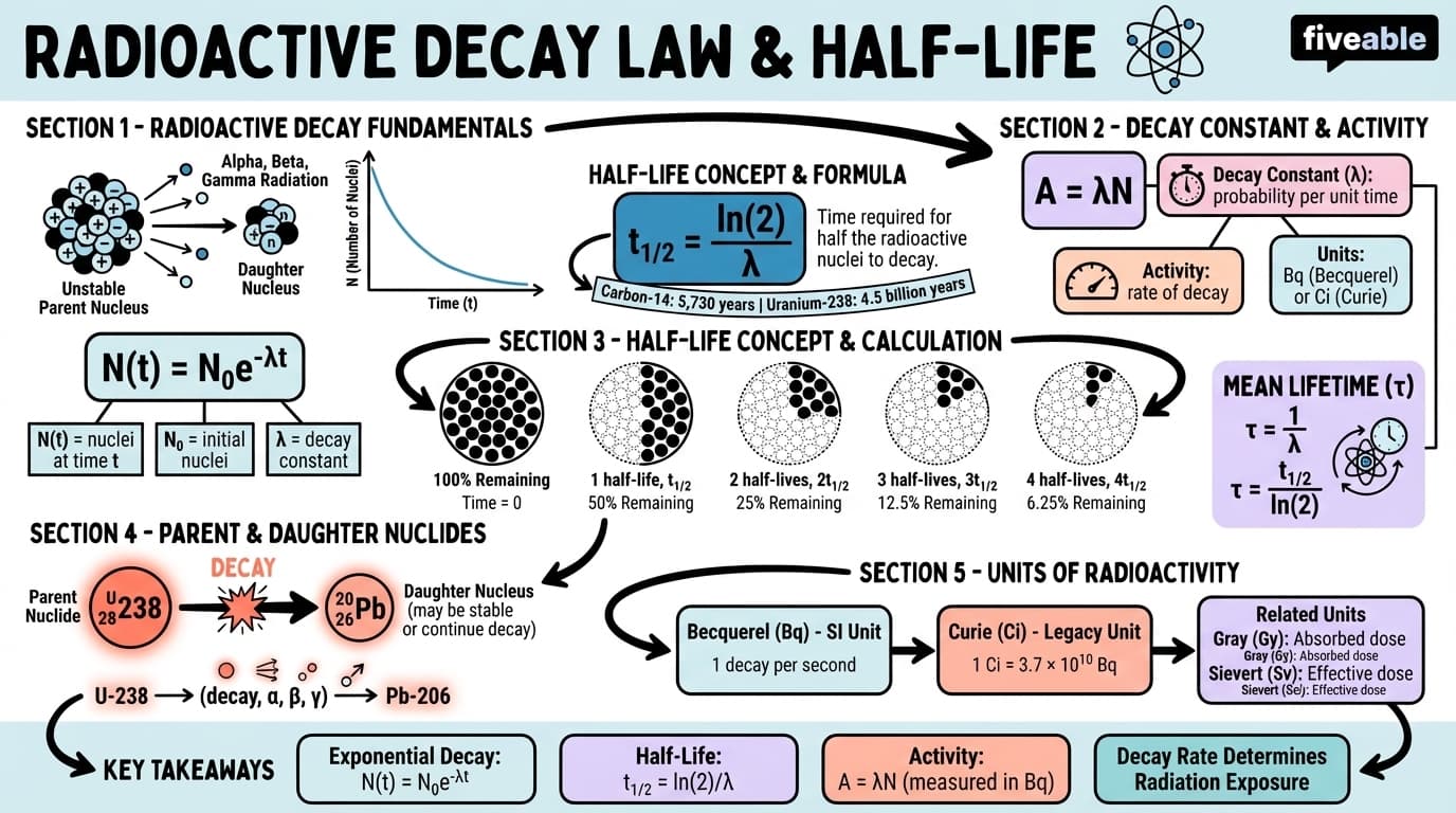 4.1 Radioactive decay law and half-life - Nuclear Physics - Unit 4 visual cheatsheet
