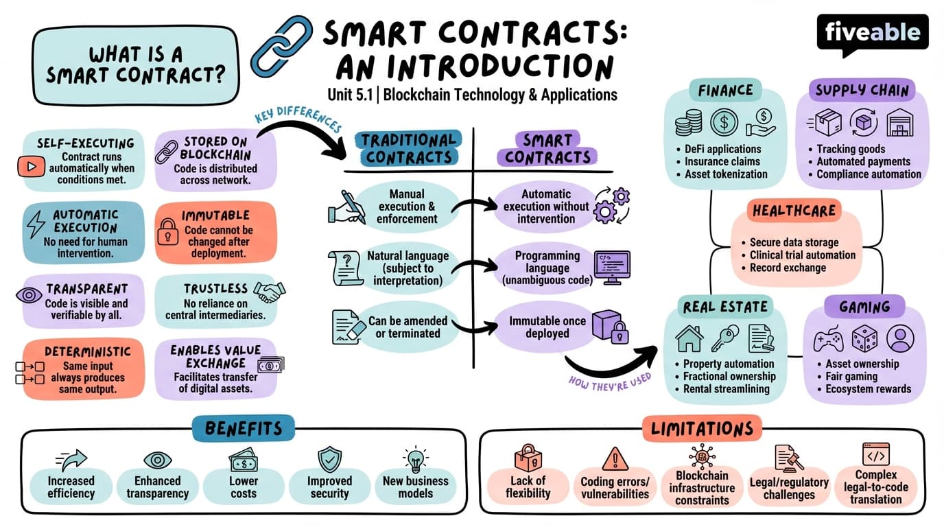 5.1 Smart contract concepts and use cases - Blockchain Technology and Applications - Unit 5 visual cheatsheet