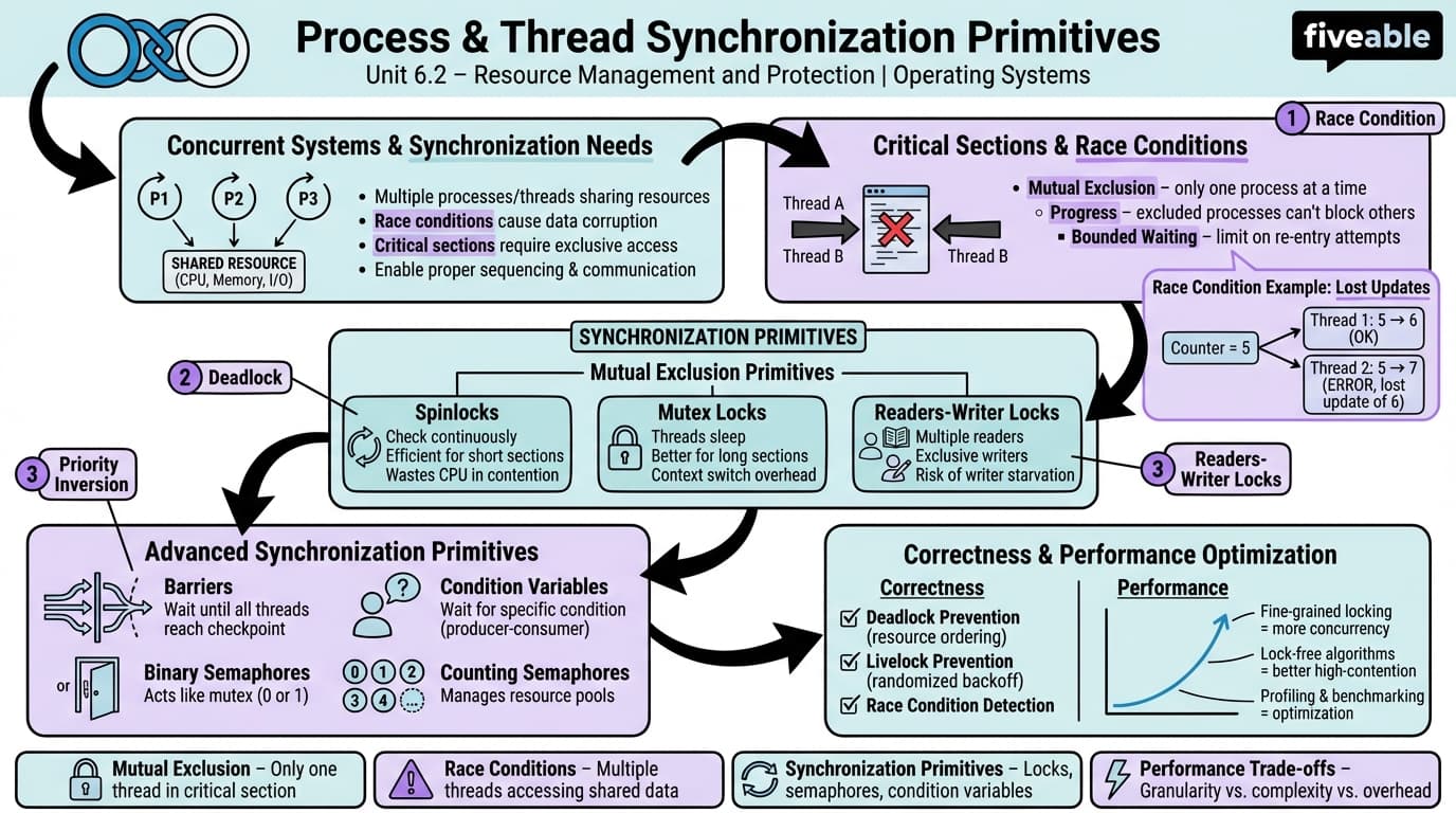 6.2 Process and thread synchronization primitives - Operating Systems - Unit 6 visual cheatsheet