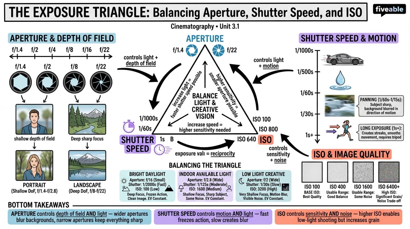 3.1 The Exposure Triangle: Balancing Aperture, Shutter Speed, and ISO - Cinematography - Unit 3 visual cheatsheet