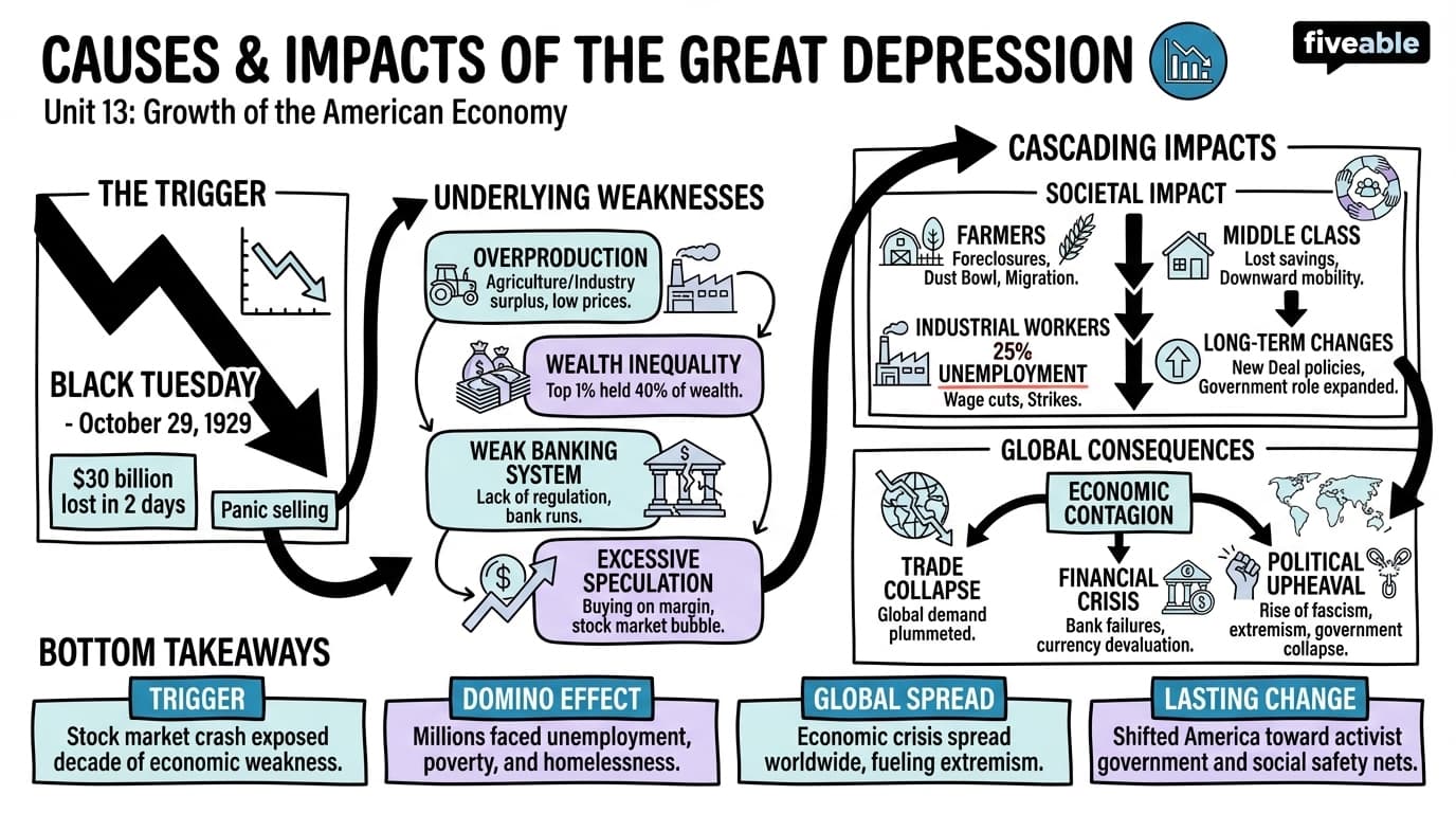 13.1 Causes and impacts of the Great Depression - Growth of the American Economy - Unit 13 visual cheatsheet