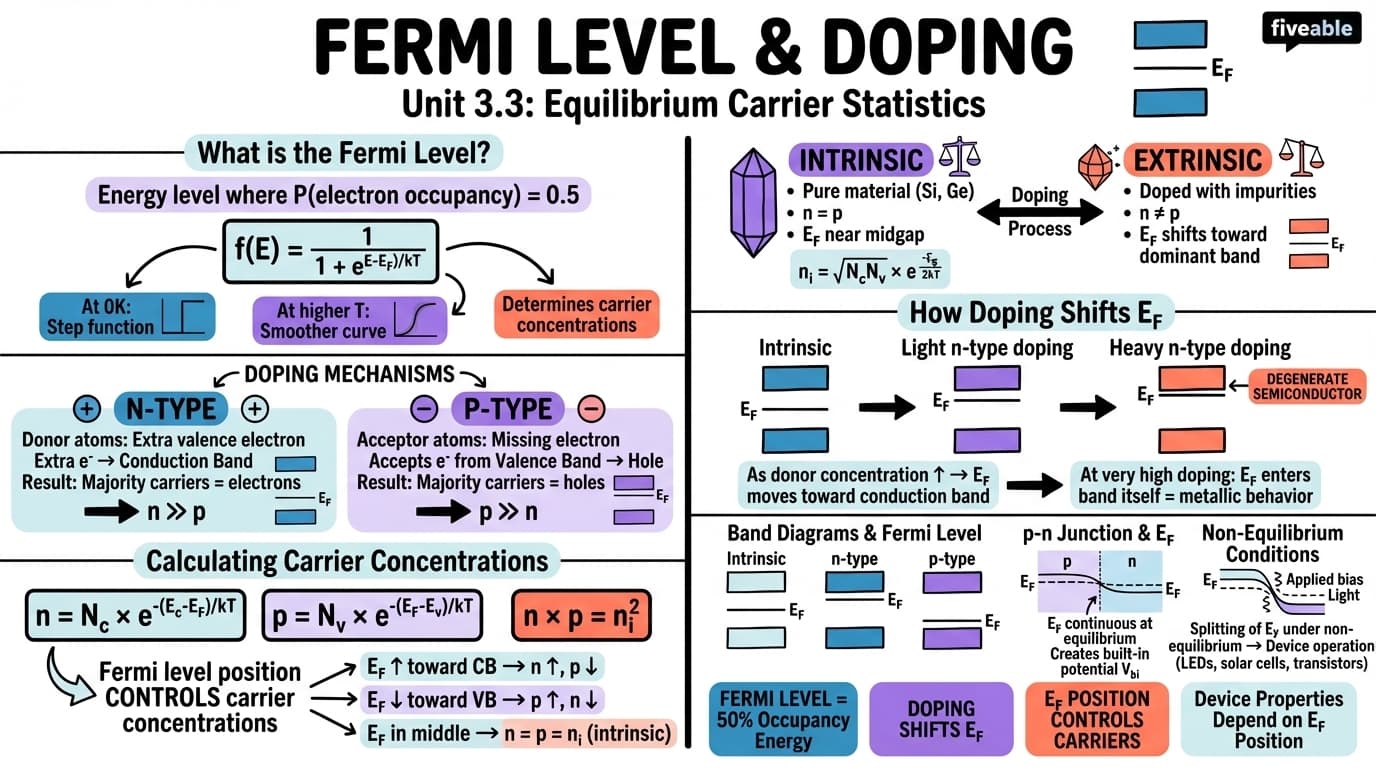 3.3 Fermi level and doping - Semiconductor Physics - Unit 3 visual cheatsheet