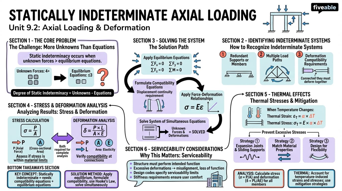 9.2 Statically indeterminate axial loading problems - Statics and Strength of Materials - Unit 9 visual cheatsheet