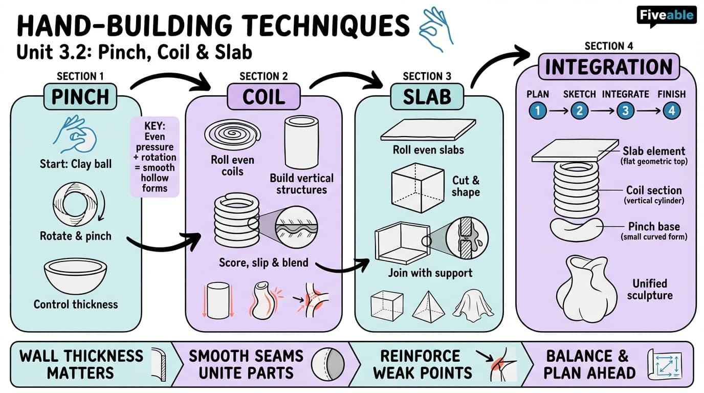 3.2 Hand-building techniques: pinch, coil, and slab - Sculpture Techniques - Unit 3 visual cheatsheet