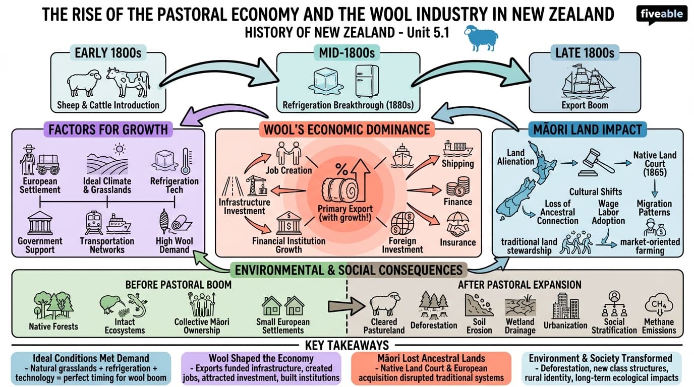 5.1 The rise of the pastoral economy and the wool industry - History of New Zealand - Unit 5 visual cheatsheet