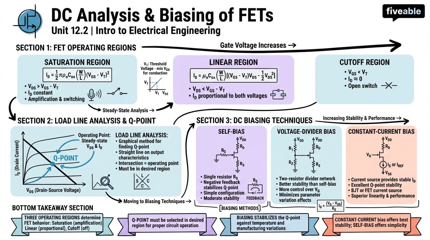 12.2 DC analysis and biasing of FETs - Intro to Electrical Engineering - Unit 12 visual cheatsheet