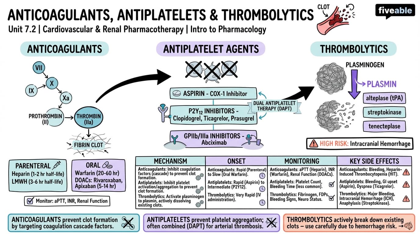 7.2 Anticoagulants, antiplatelet agents, and thrombolytics - Intro to Pharmacology - Unit 7 visual cheatsheet