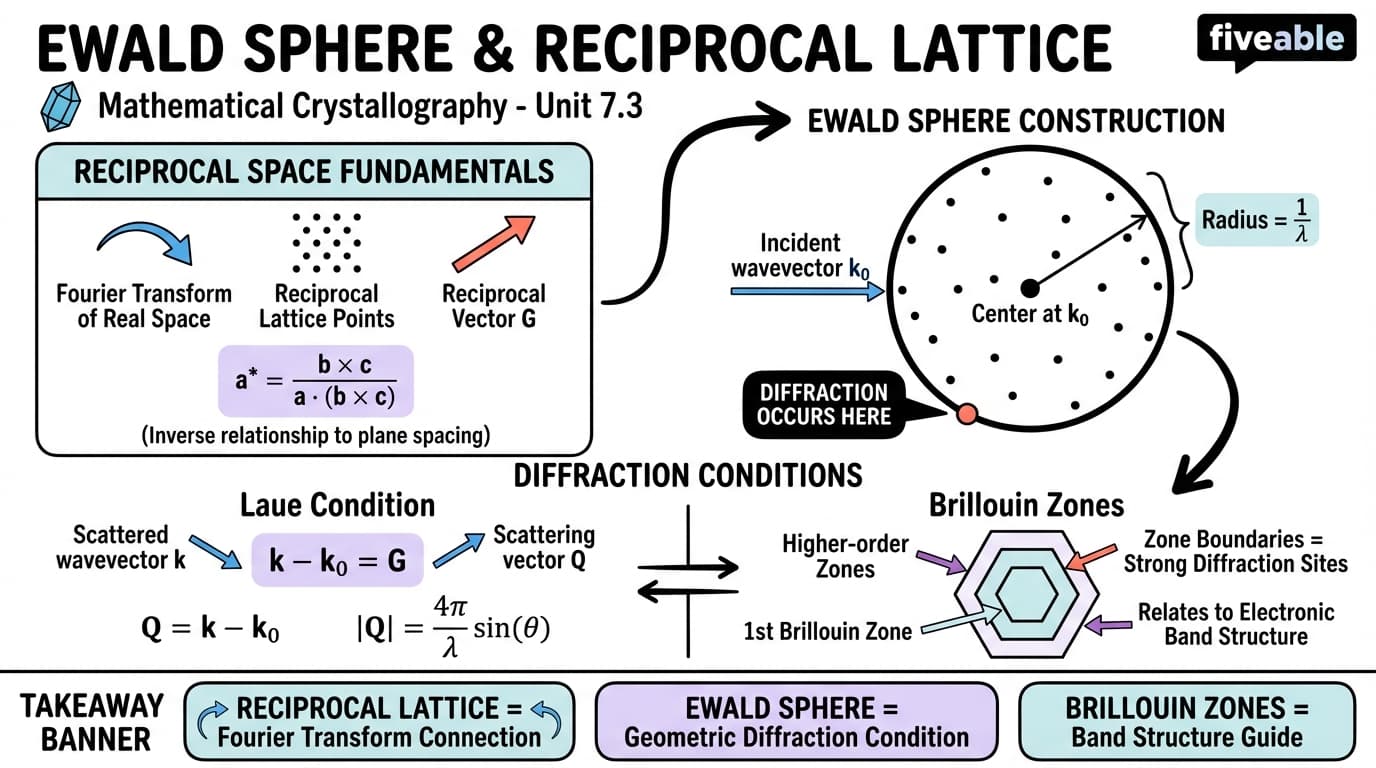 7.3 Ewald sphere and reciprocal lattice - Mathematical Crystallography - Unit 7 visual cheatsheet