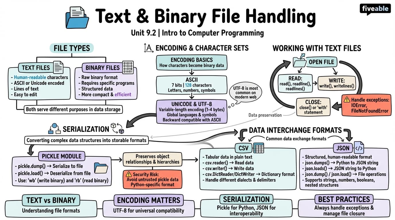 9.2 Text and Binary File Handling - Intro to Computer Programming - Unit 9 visual cheatsheet