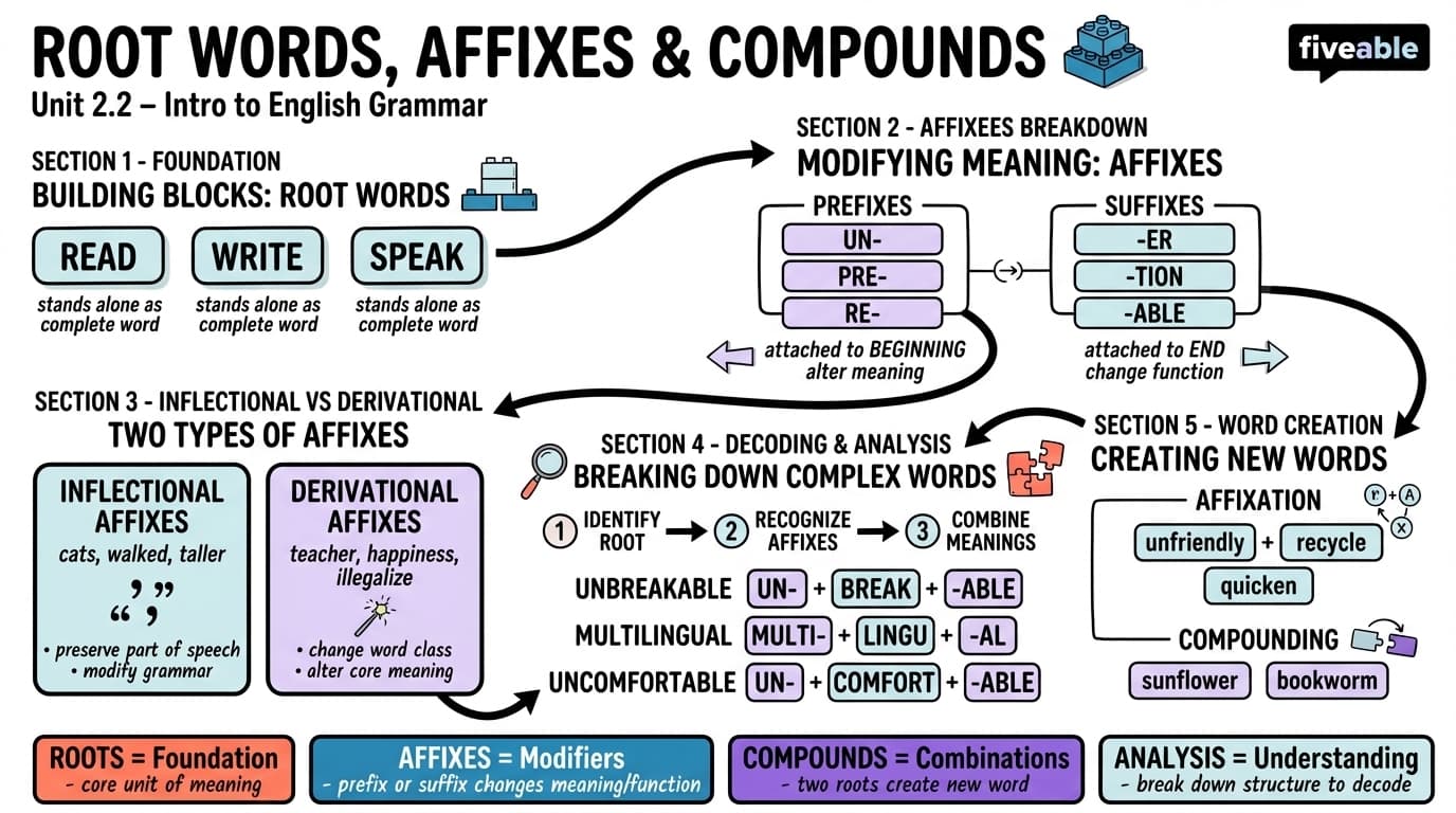 2.2 Root words, affixes, and compounds - Intro to English Grammar - Unit 2 visual cheatsheet