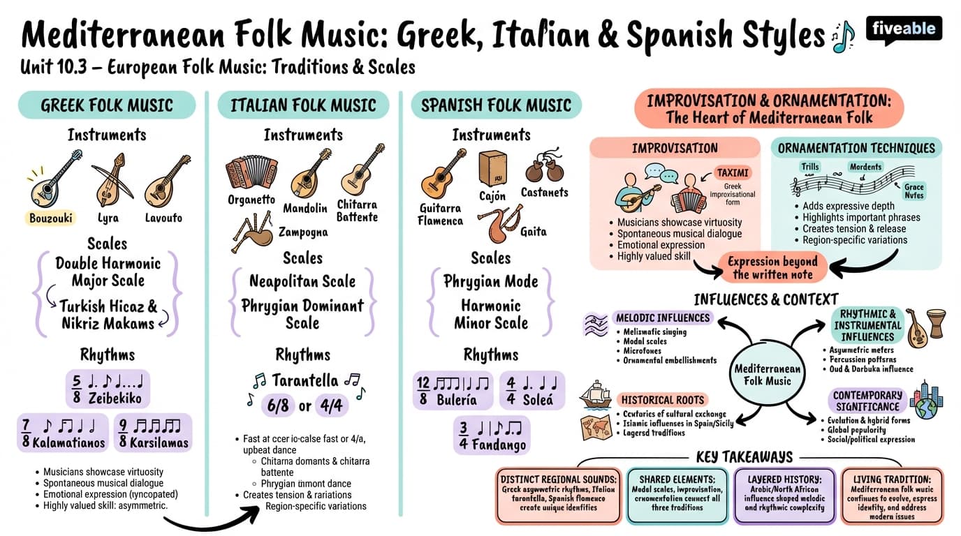 10.3 Mediterranean folk music: Greek, Italian, and Spanish styles - World Music - Unit 10 visual cheatsheet