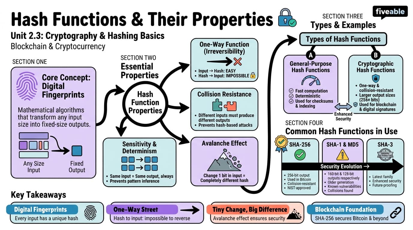 2.3 Hash Functions and Their Properties - Blockchain and Cryptocurrency - Unit 2 visual cheatsheet