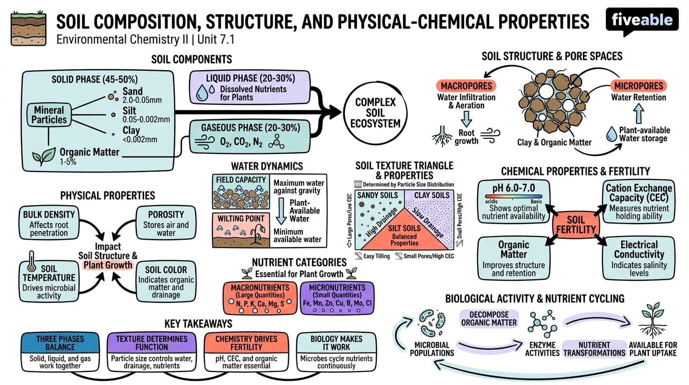7.1 Soil Composition, Structure, and Physical-Chemical Properties - Environmental Chemistry II - Unit 7 visual cheatsheet