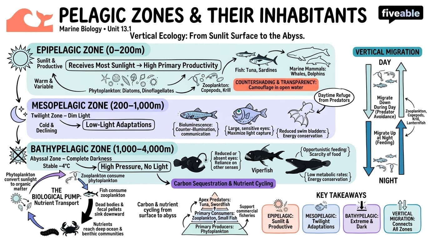 13.1 Pelagic zones and their inhabitants - Marine Biology - Unit 13 visual cheatsheet